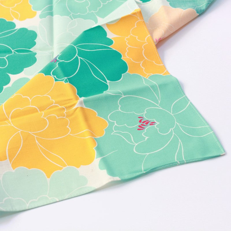 Hime Musubi Furoshiki laid out showing peony flowers in colours of blue, yellow and light blue