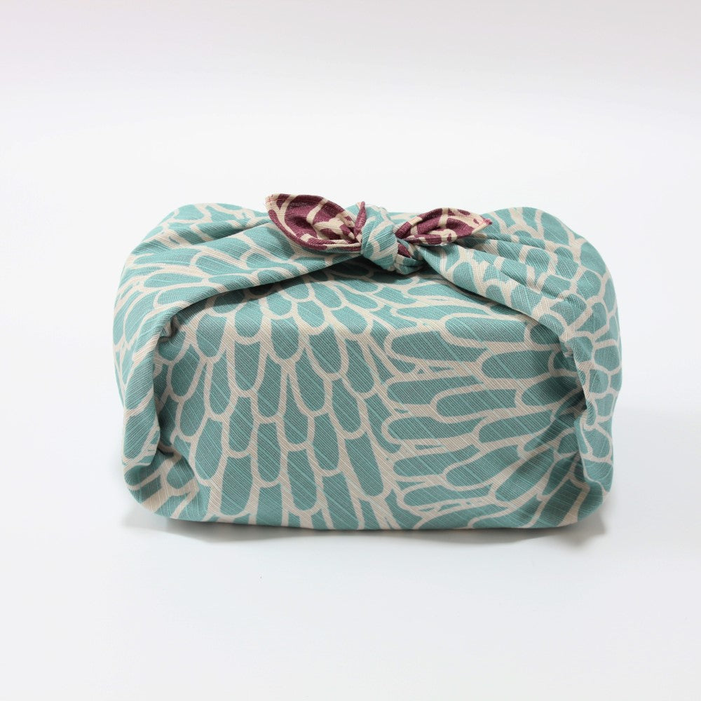 Sage blue colour background with Chrysanthemum flowers of this furoshiki Japanese wrapping cloth.