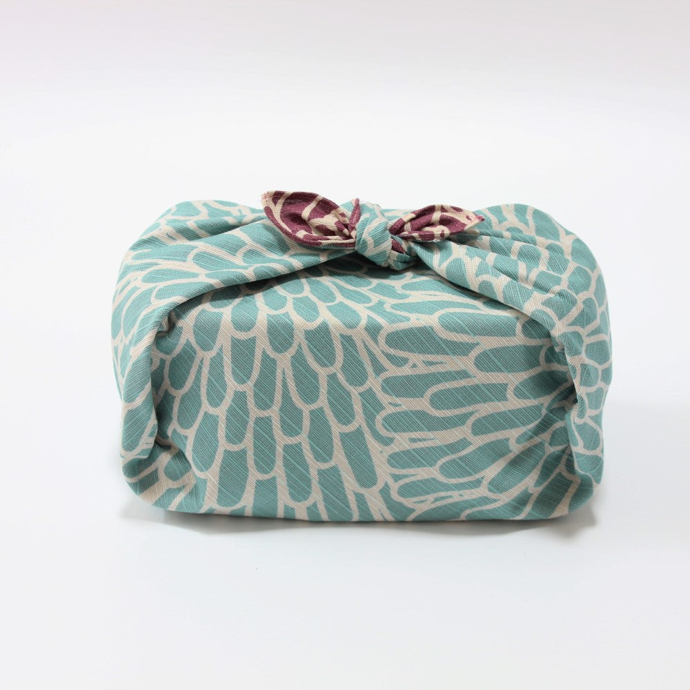 Sage blue colour background with Chrysanthemum flowers of this furoshiki Japanese wrapping cloth. 