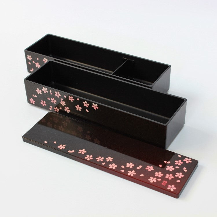 layers and lid side by side of the sakura crimson long slim 2 tier bento box