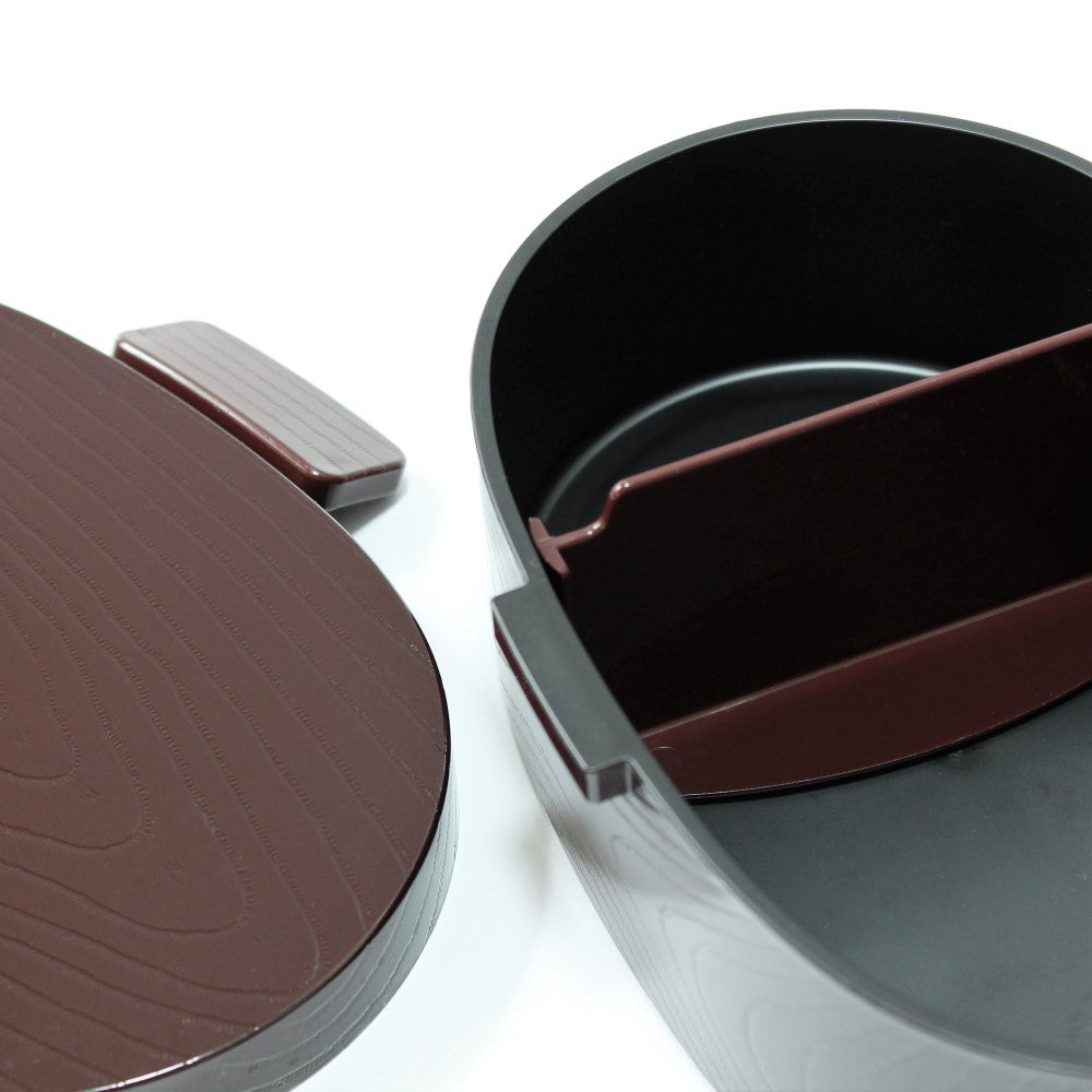 Close up shot showing the lid and inside of mokume koban bento box