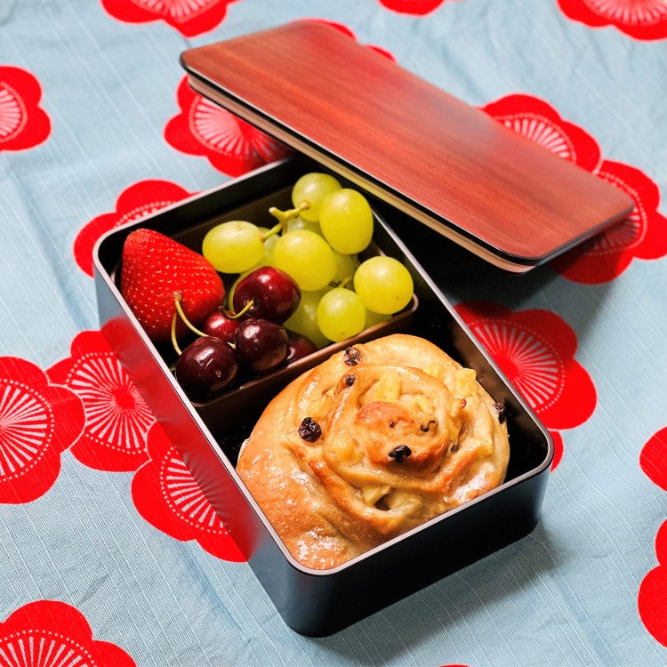full view of the food contents inside the rosewood woodgrain bento box