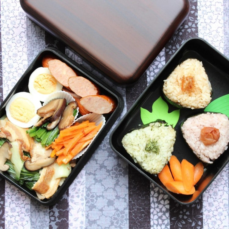 Overhead photo showing 2 layers of bento box filled with food