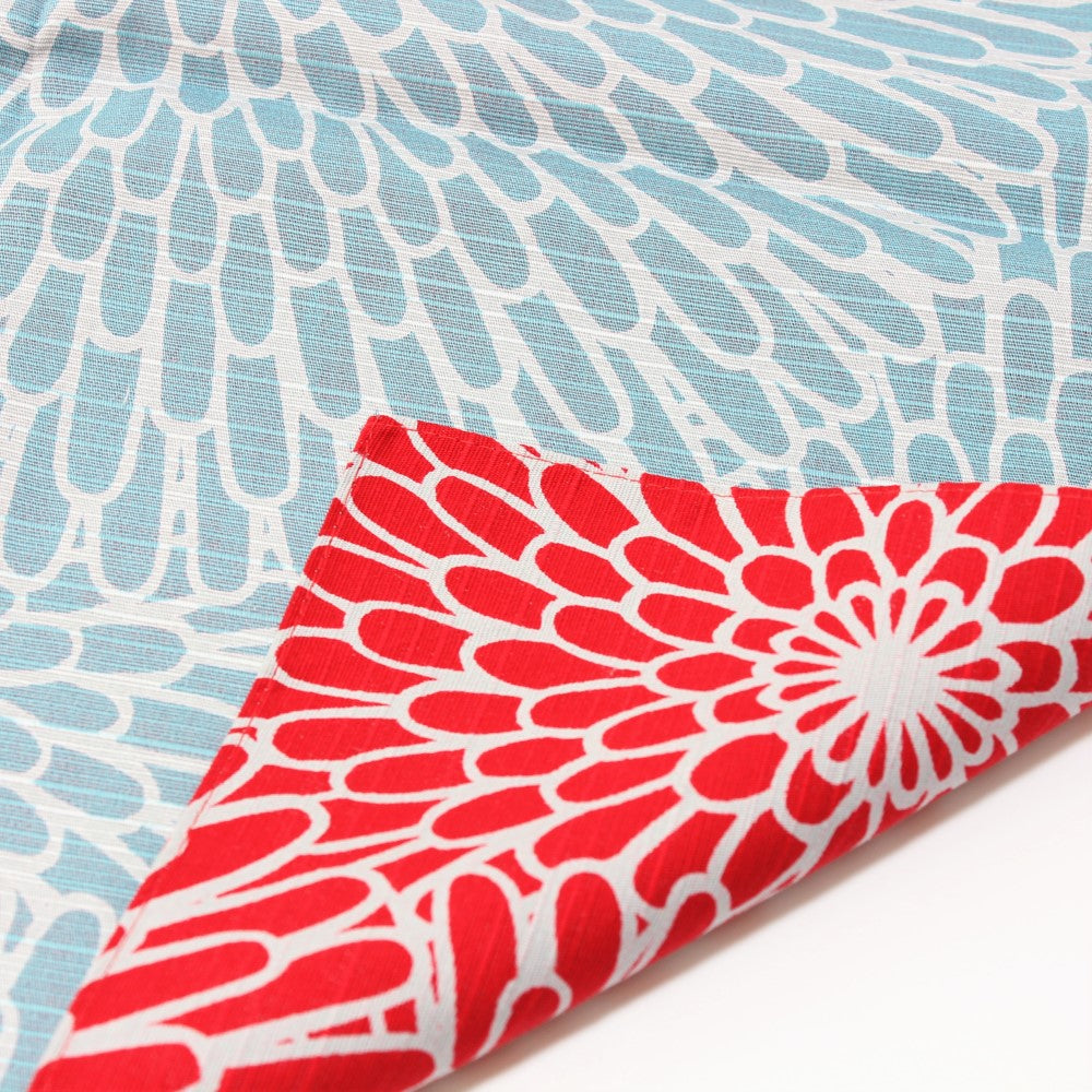 Image showing the red and blue sides of the furoshiki from Majime Life. Chrysanthemum pattern looks like fireworks.