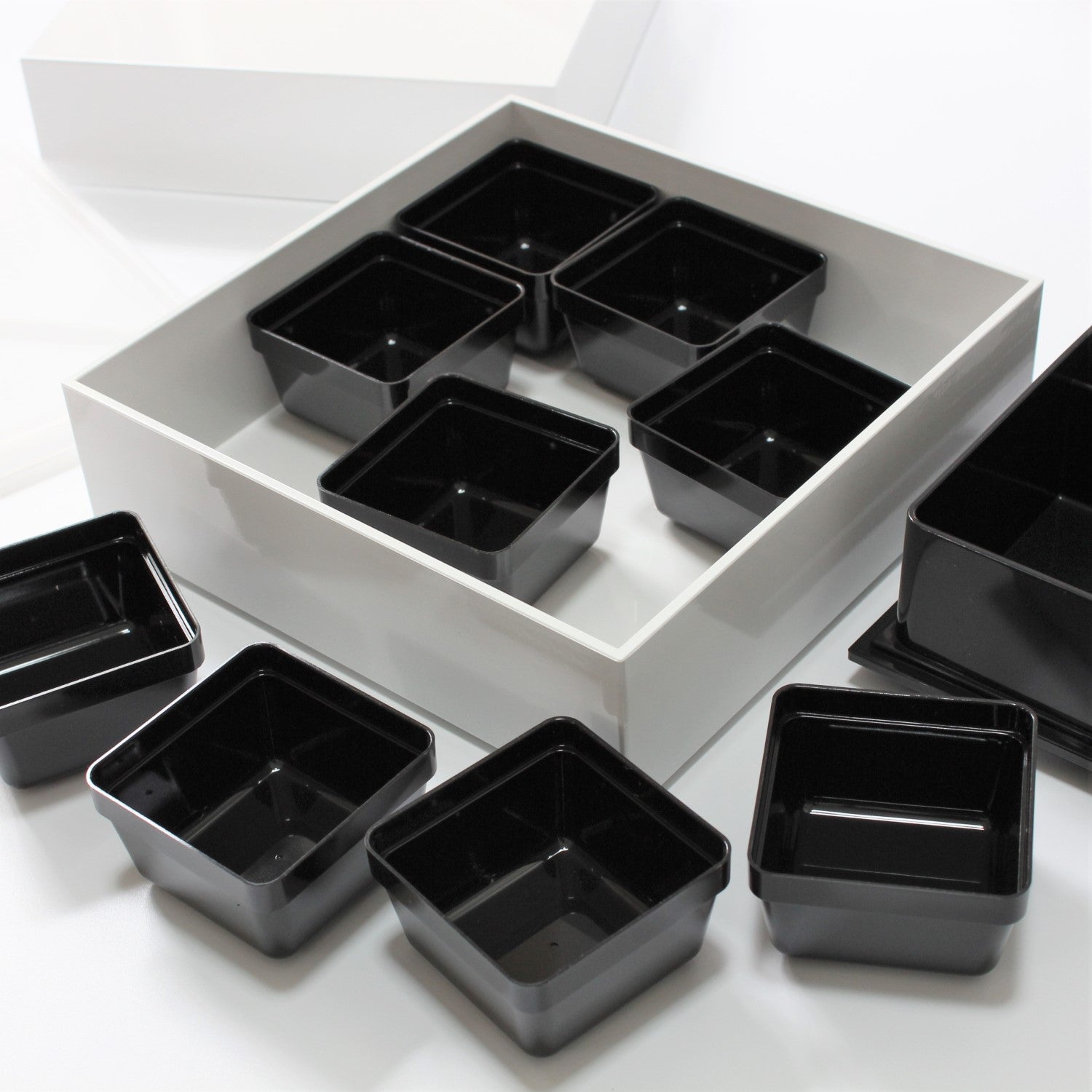 This picnic bento box contains 9 small square containers which can hold bite sized snacks