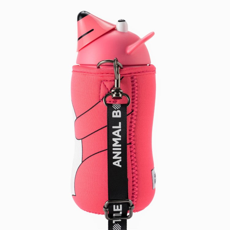 Side view showing the straps on the jacket cover of the animal bear drink bottle pink colour from thermo mug sold at majime life