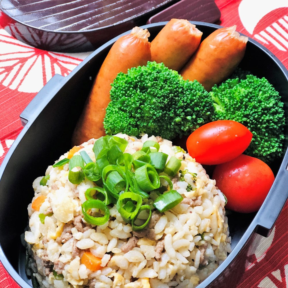 Fried rice and sausages and veges in bento box from Majime Life