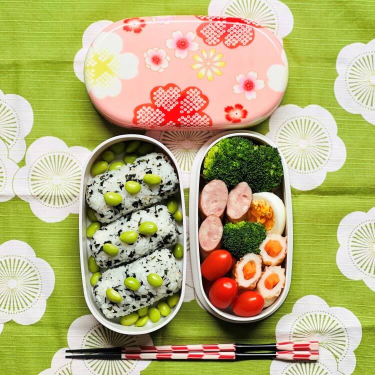 Overhead view of the Kimono Yume Sakura bento box with japanese themed food