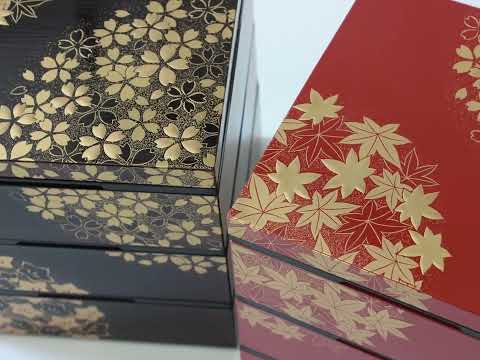 3 tier bento box for picnics ojyu bako showing sakura and maple patterns