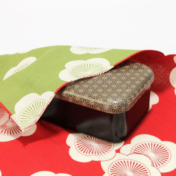 Japanese bento box covered with a furoshiki wrapping cloth