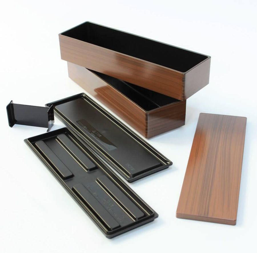 Natural Woodgrain Tone Long Slim 2 Tier Bento Box | Brown