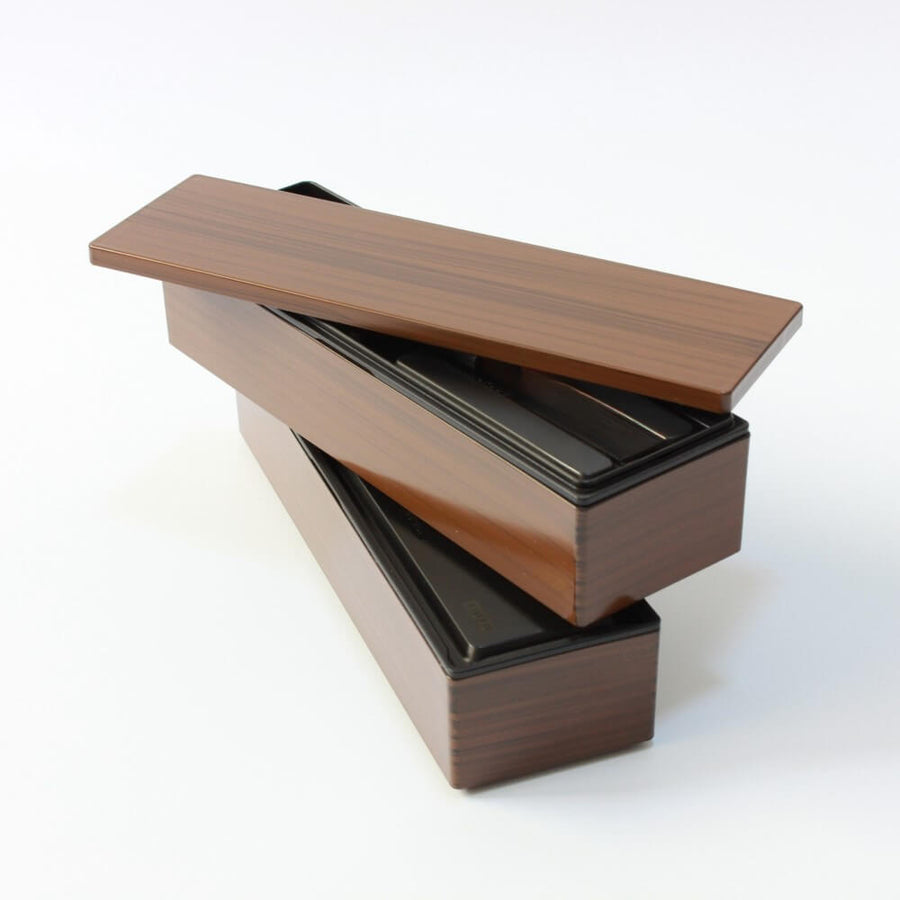 Natural Woodgrain Tone Long Slim 2 Tier Bento Box | Brown