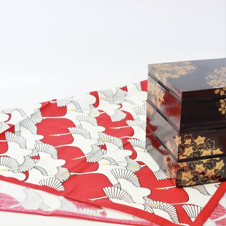 picnic bento box on red celebration crane 90cm furoshiki
