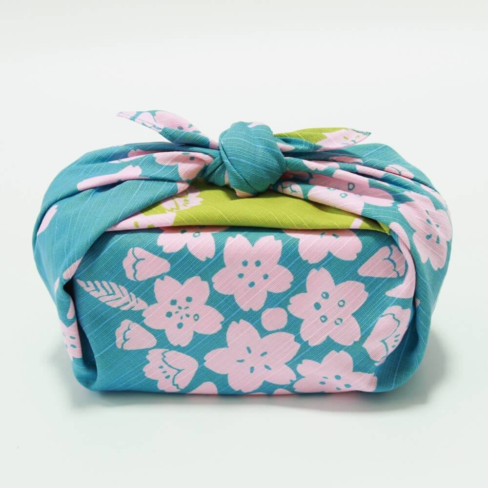 bento box wrapped baby blue green sakura furoshiki