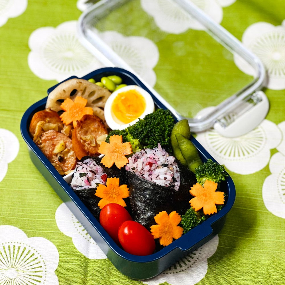 bento prepared in seigaiha koku blue bento box