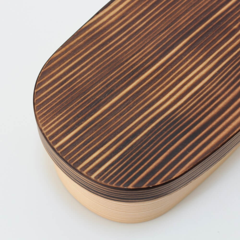 burnt wood lid close up of the yakisugi magewappa bento box