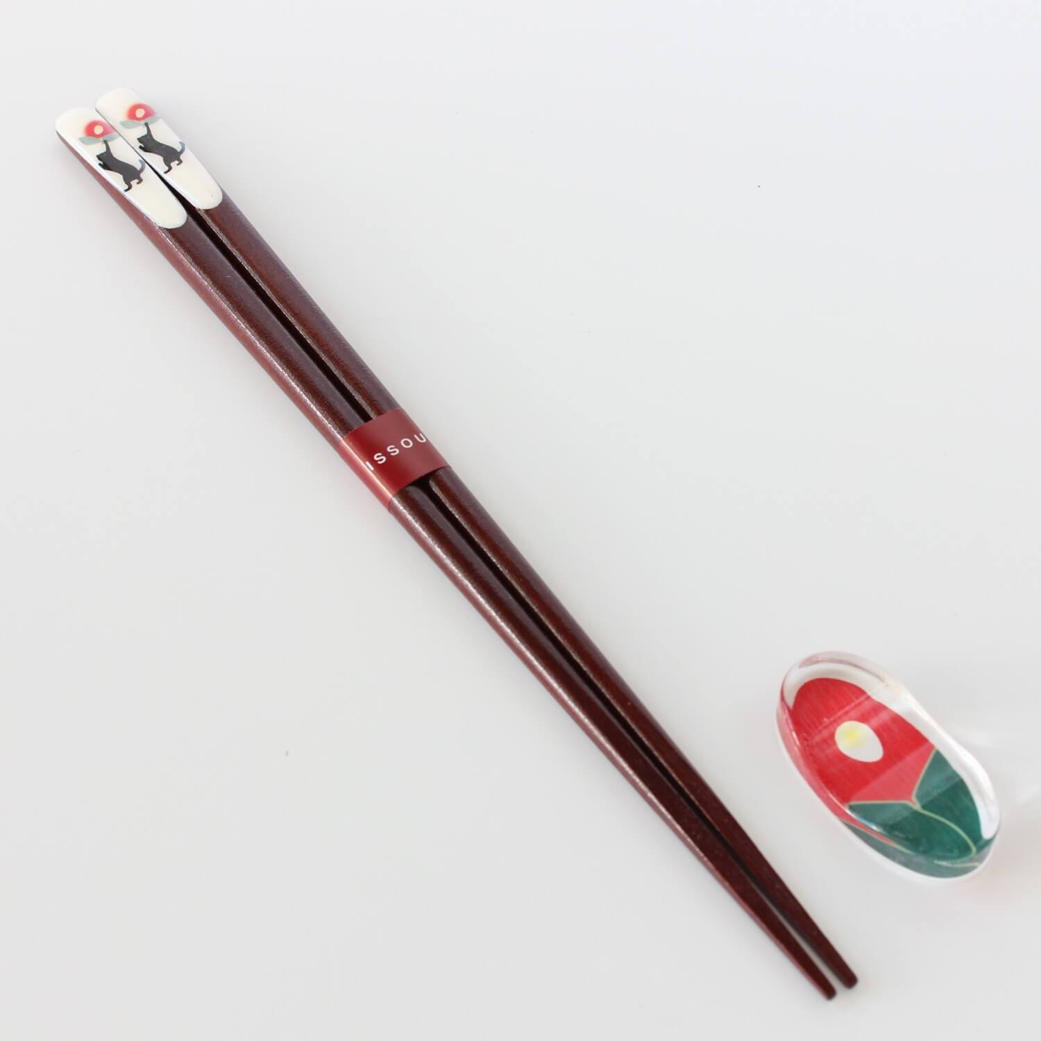 Black Cat and Camellia Chopsticks Gift Set | Wood, Hand Made