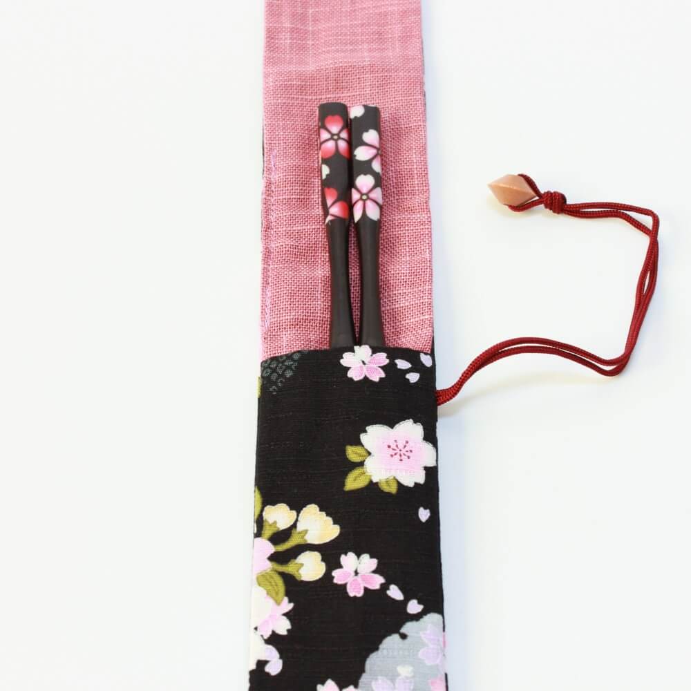 chopsticks inside fabric case sakura blossoms black