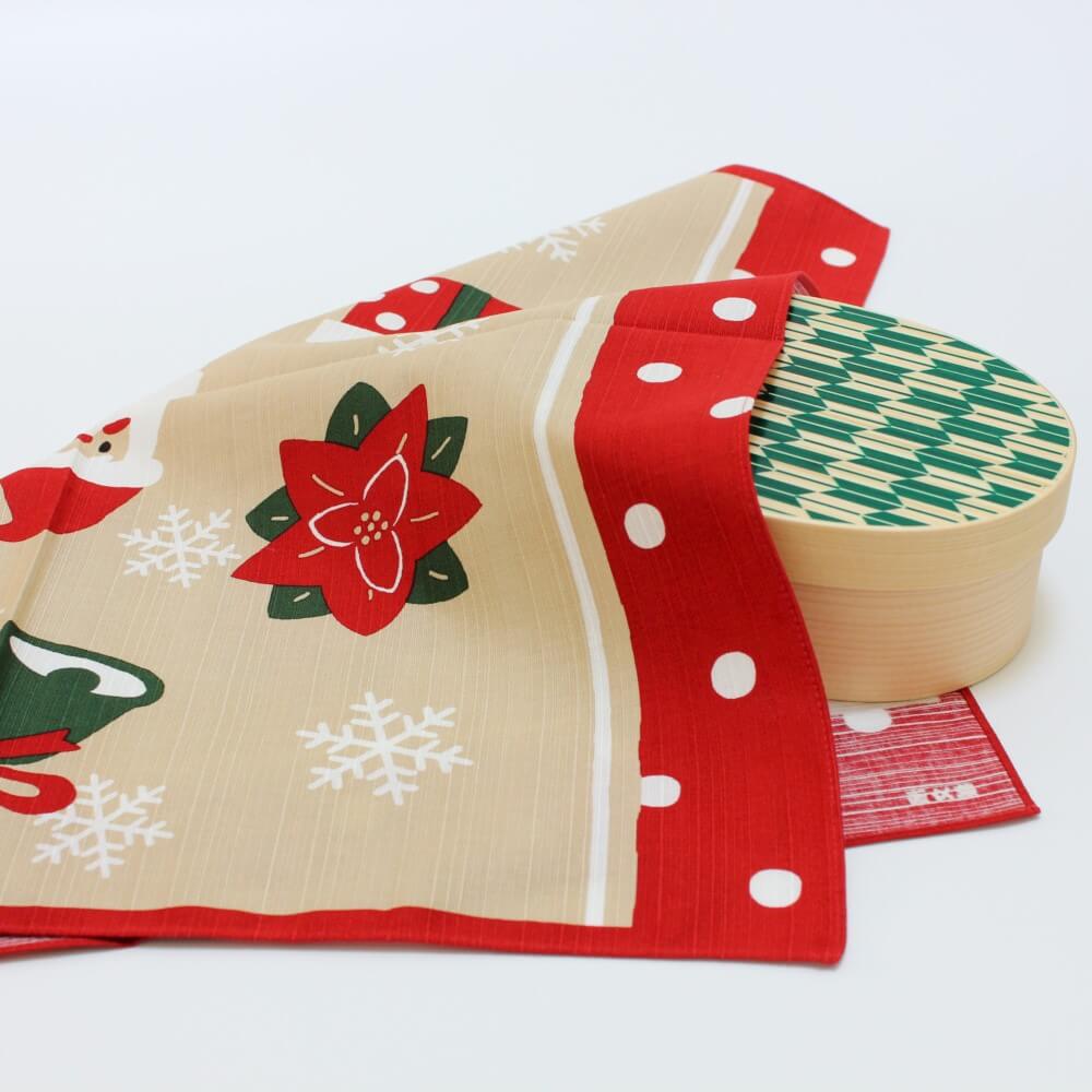 christmas furoshiki covering a bento box