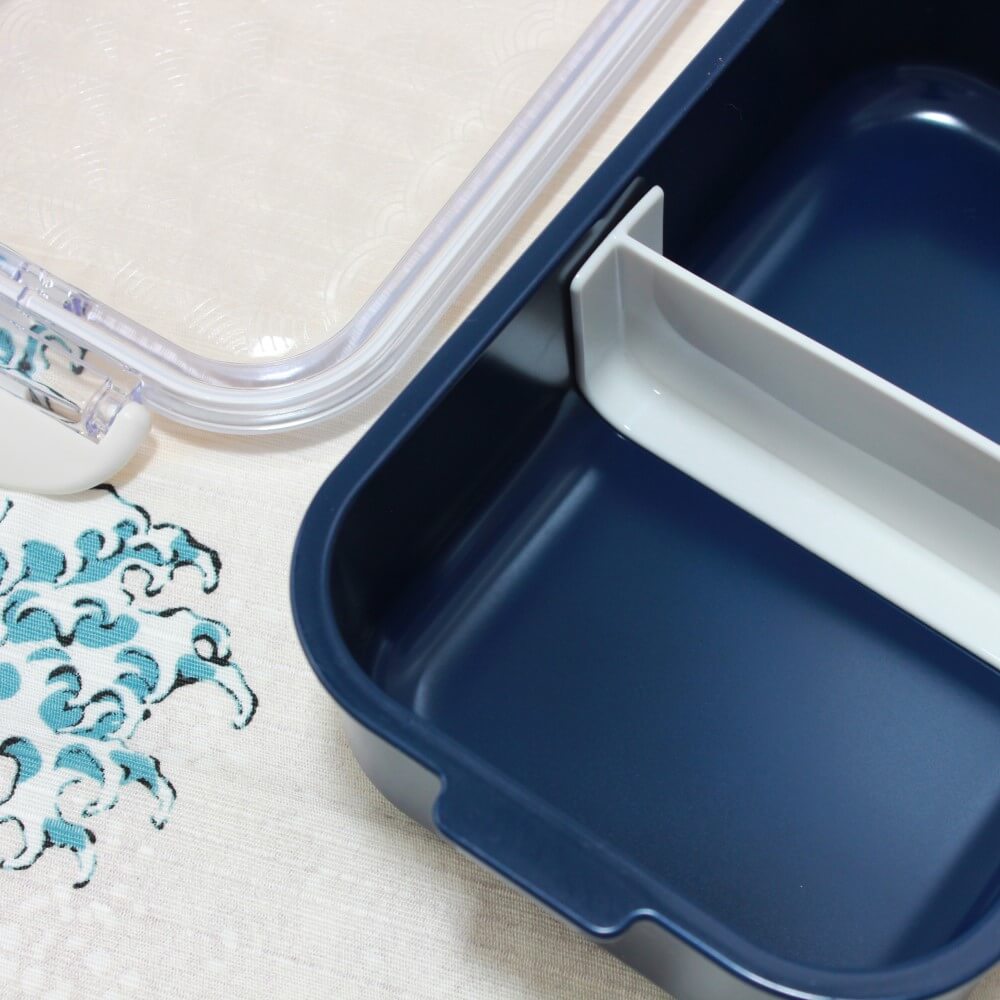 close up inside bento box seigaiha koku blue