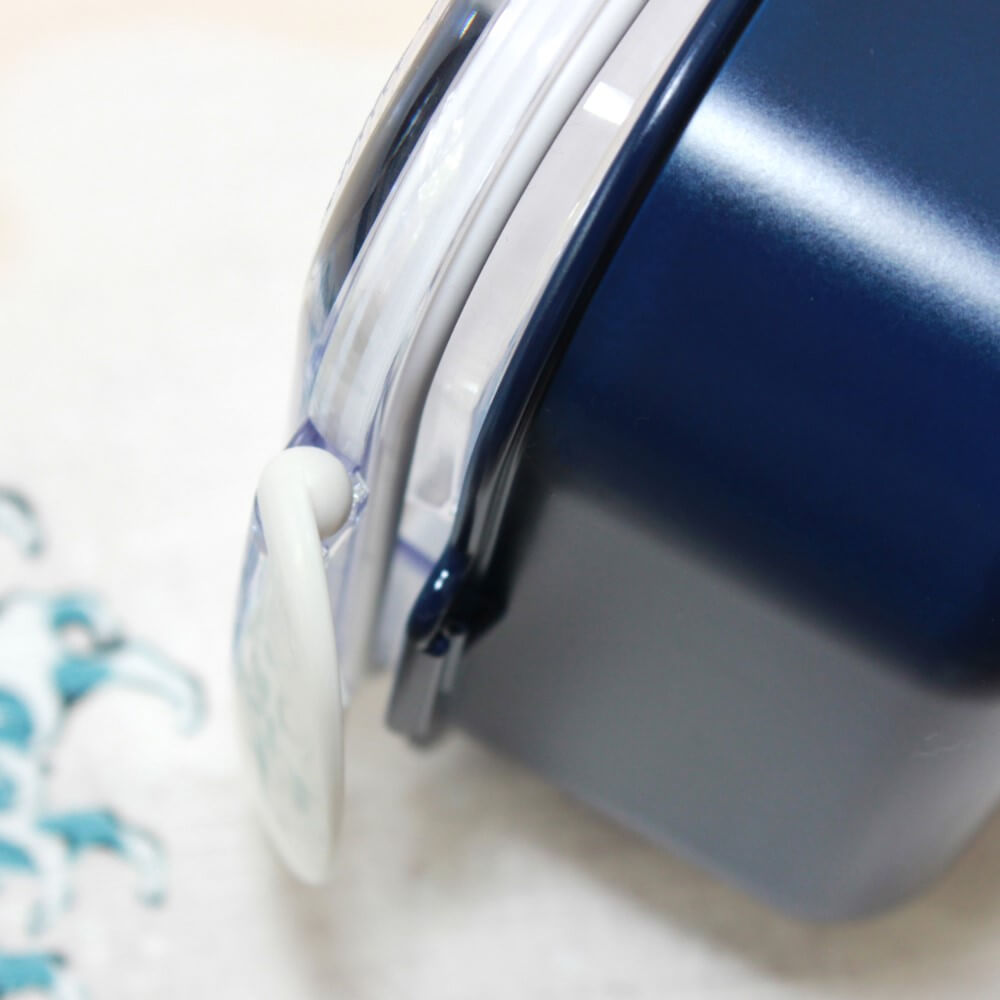 close up latch bento box seigaiha koku blue