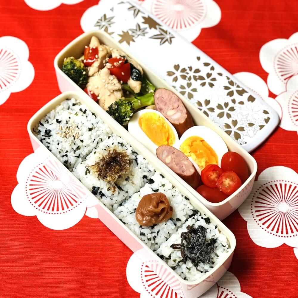 close up shot showing two layers with food in hanamaru slim bento box