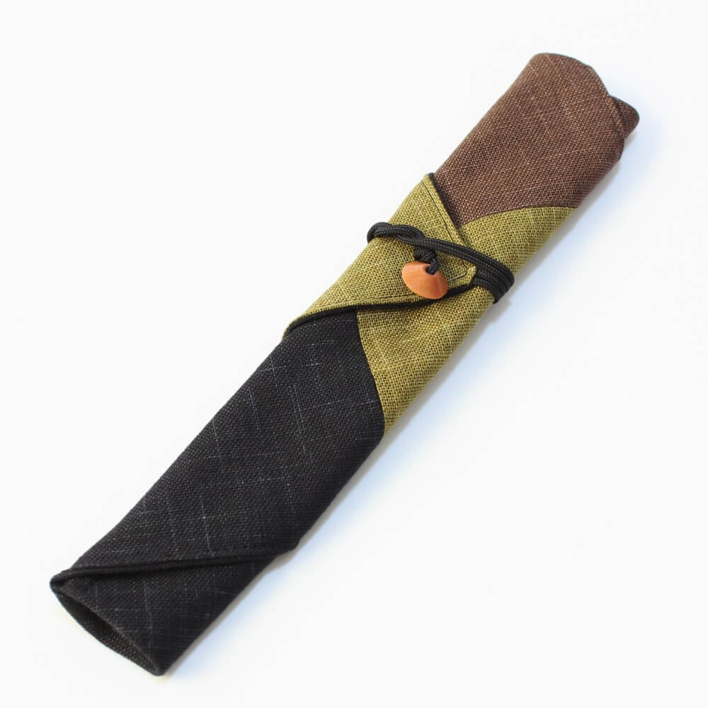 fabric chopsticks case wafu green tied with soroban bead and string