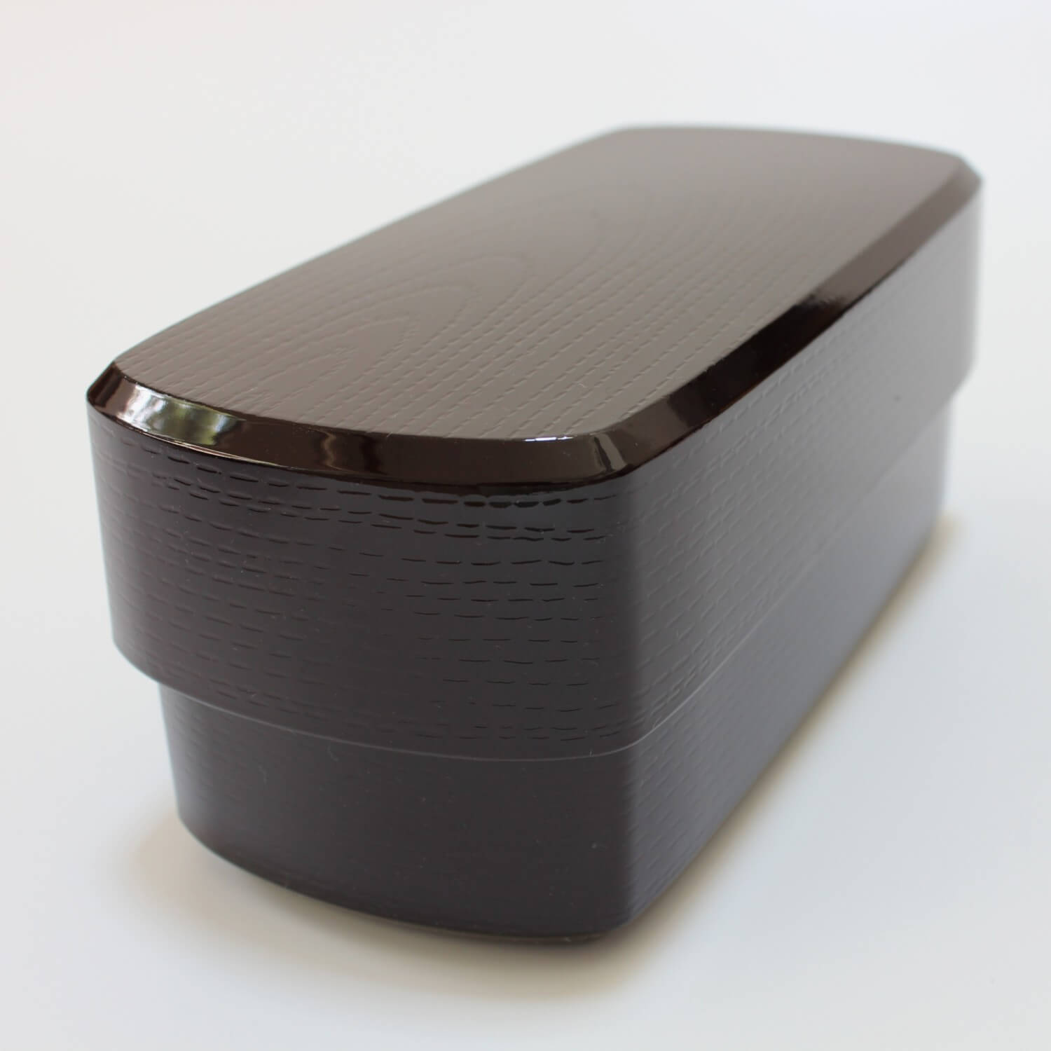 front profile of brown tame mokume 2 tiered bento box