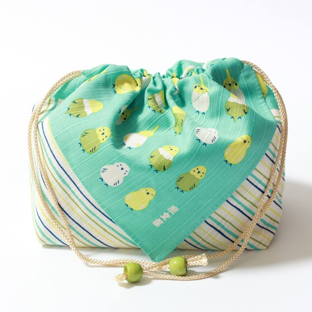 front photo bento lunch bag with parakeets pattern hama monyo