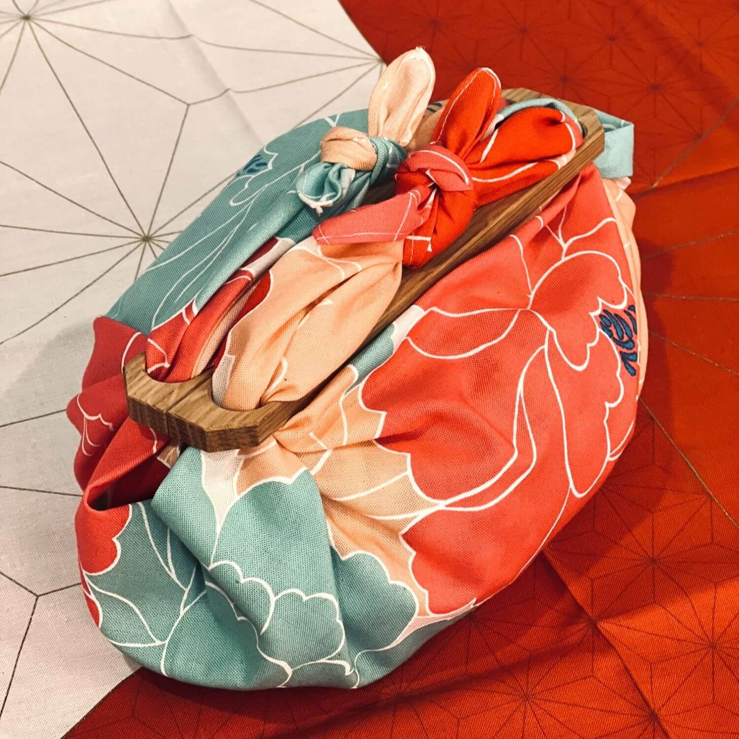furoshiki bag with mini patchin handles top view