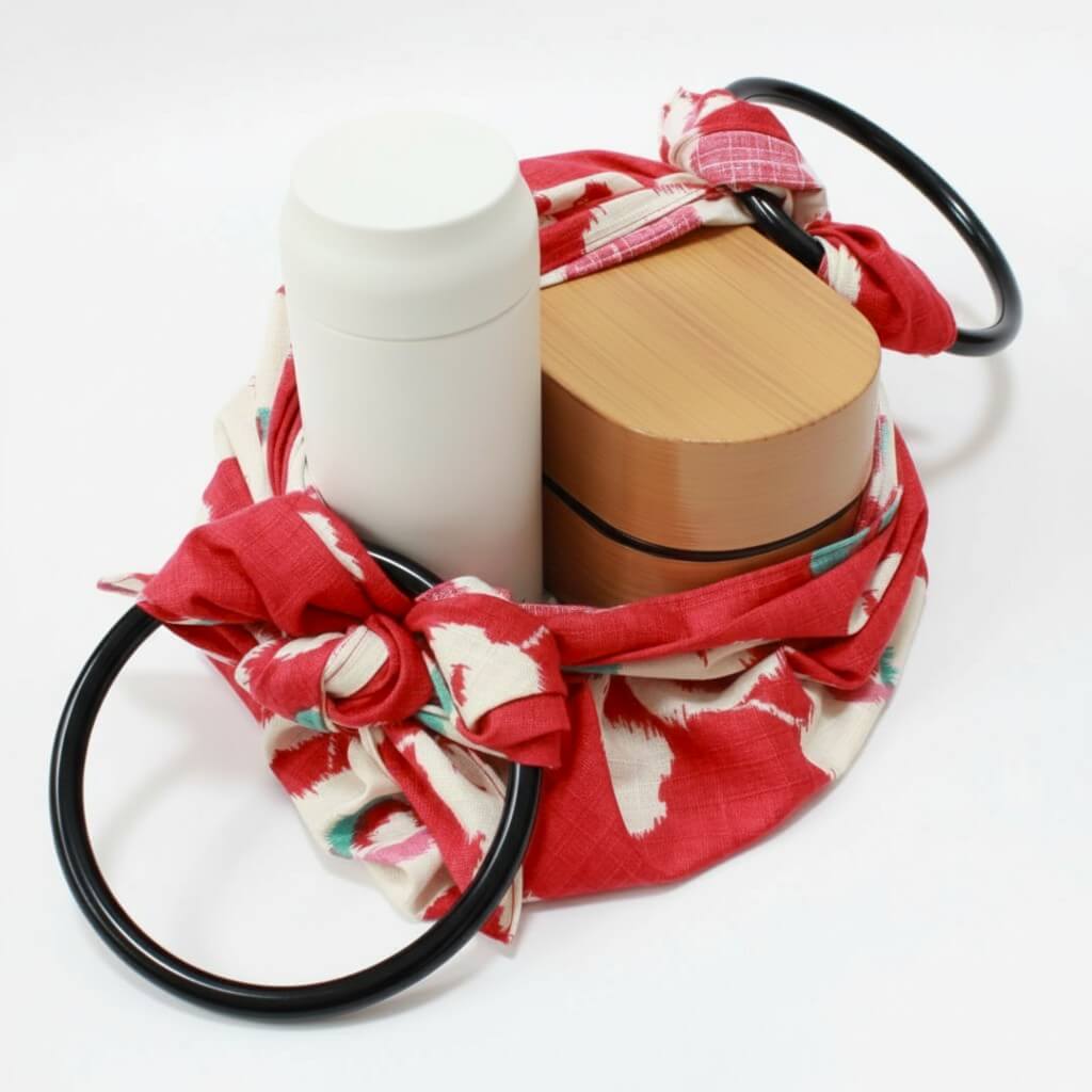 furoshiki bag with drink bottle and bento box