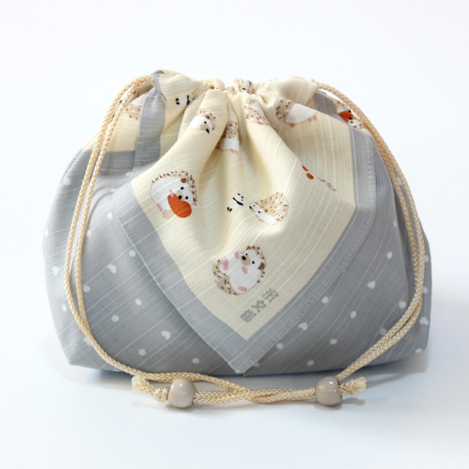 hamamonyo hedgehogs grey kinchaku bento lunch bag