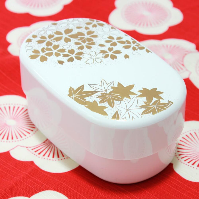 Oval white 2 tier bento box | Sakura & Momiji Makie patterns