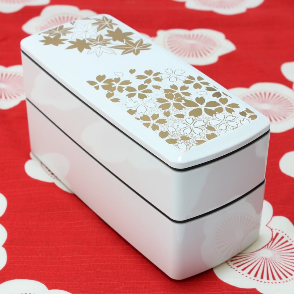 hanamaru white rectangle shaped bento box on red furoshiki