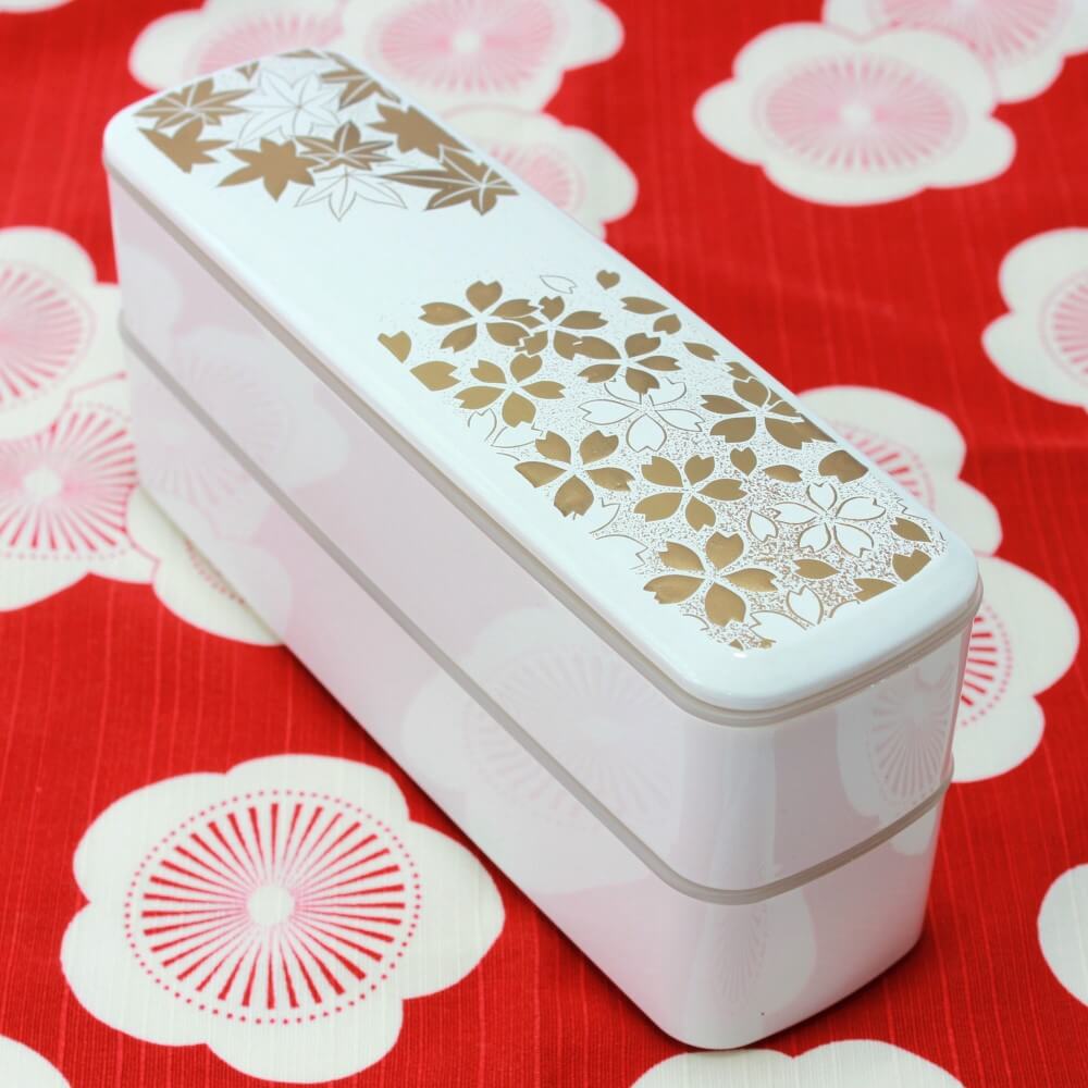 Slim white Japanese bento box with Makie patterns | 2 tiers