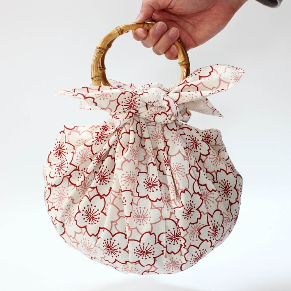 hand carrying furoshiki bag with bamboo ring handles
