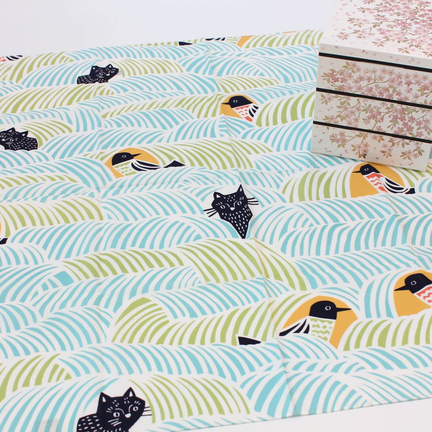 kata kata cats and birds 70cm furoshiki with jubako on it