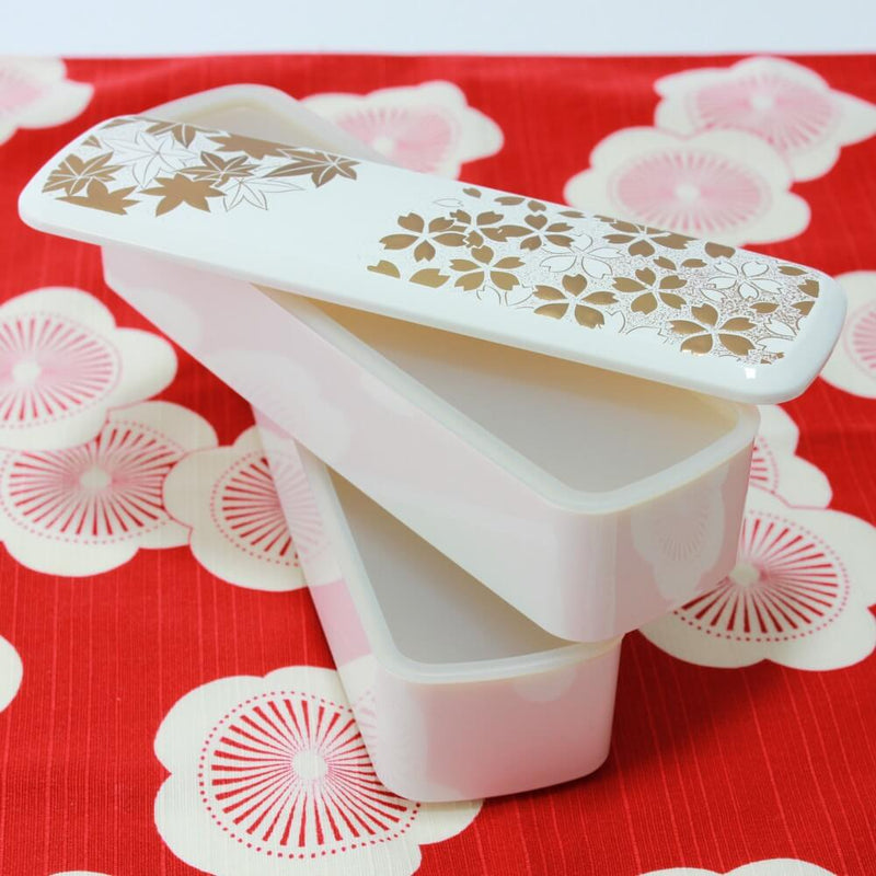 Slim white Japanese bento box with Makie patterns | 2 tiers