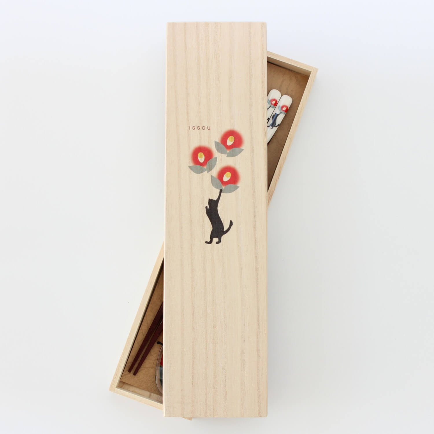 lid of the black cat and camellia chopsticks gift set