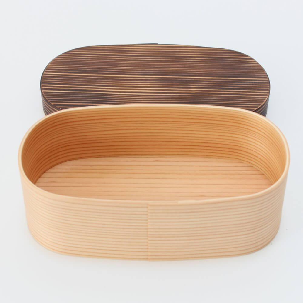 lid off side profile of yakisugi magewappa bento box