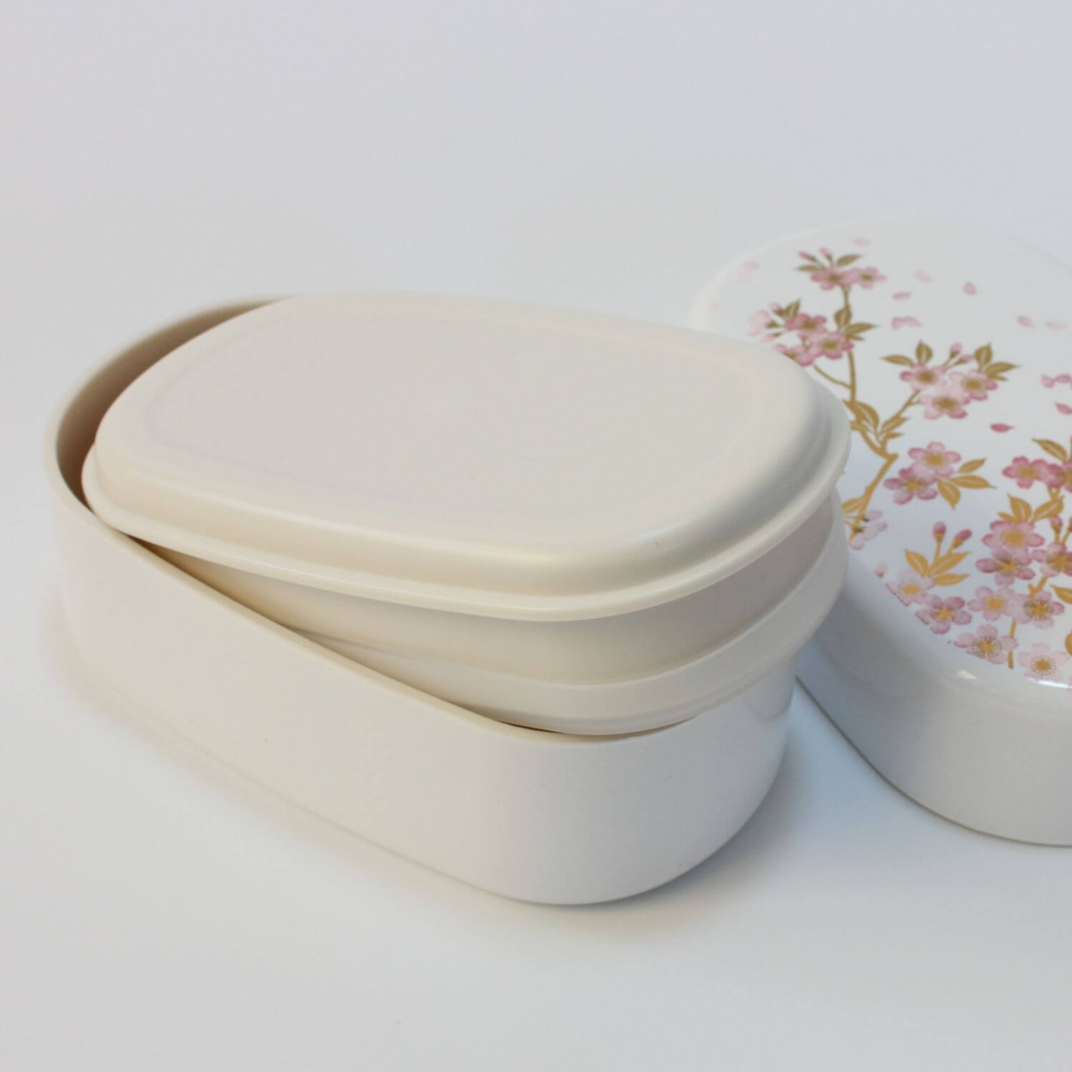 Sakura White and Pink Oval 2 Tier Bento Box