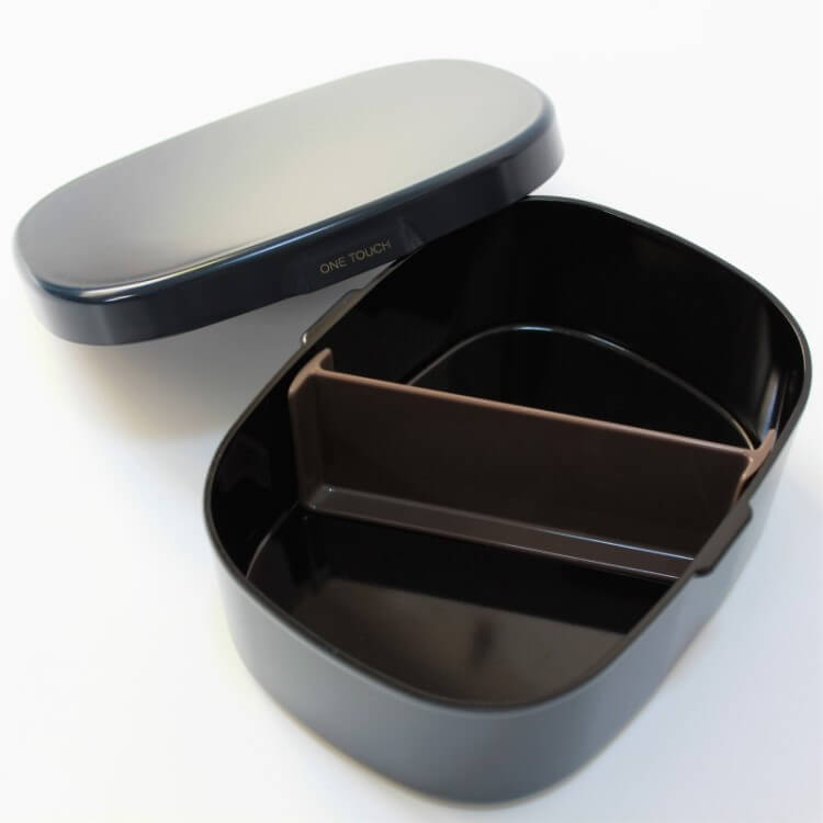 one touch navy bento box with lid open