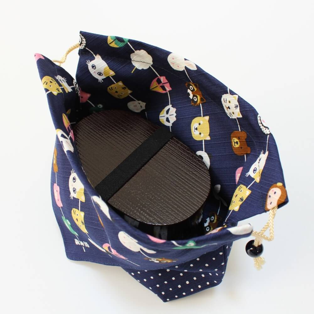 overhead photo of bento box inside Japanese masks design bento lunch bag