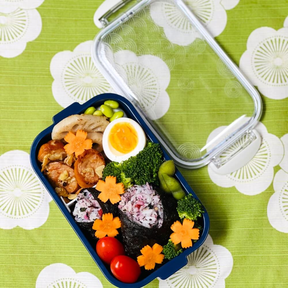 overhead shot onigiri bento in seigaiha bento box