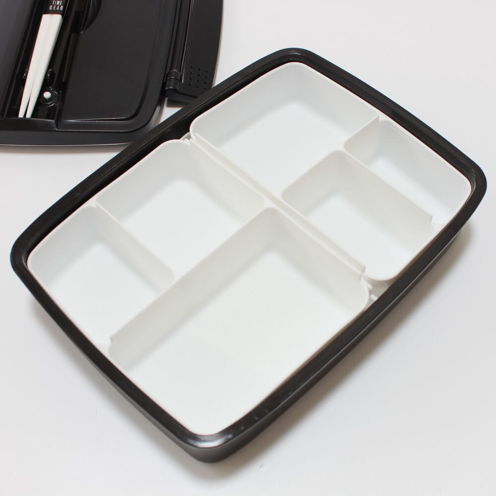 overhead shot of modern plus bento box showing 6 compartments