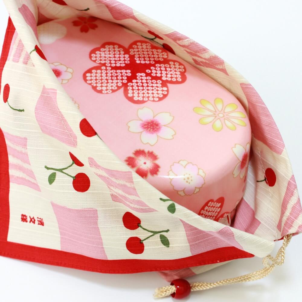 pink bento box inside ichimatsu cherry bento lunch bag