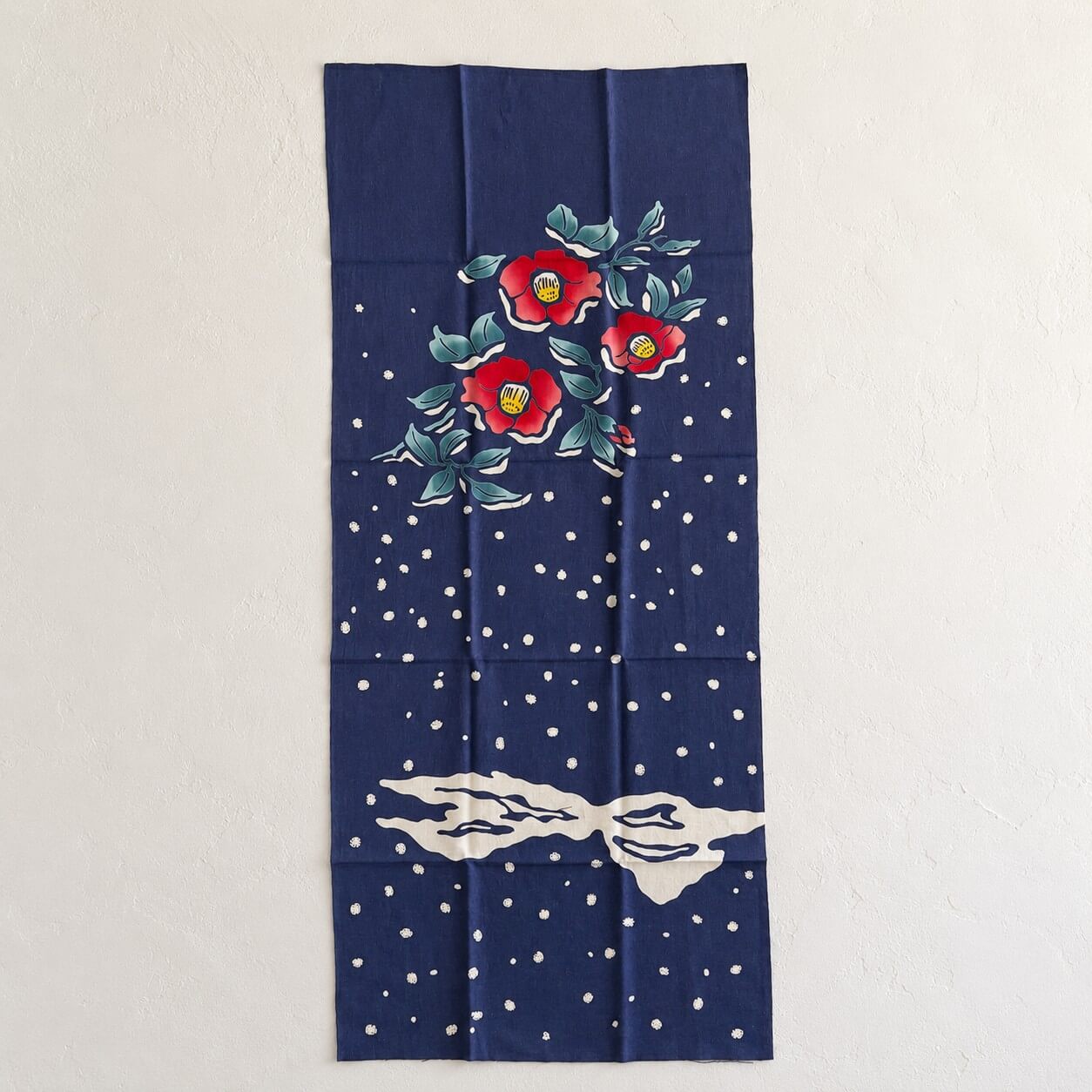 rienzome tenugui from todaya shoten featuring snow camellias and snow flakes