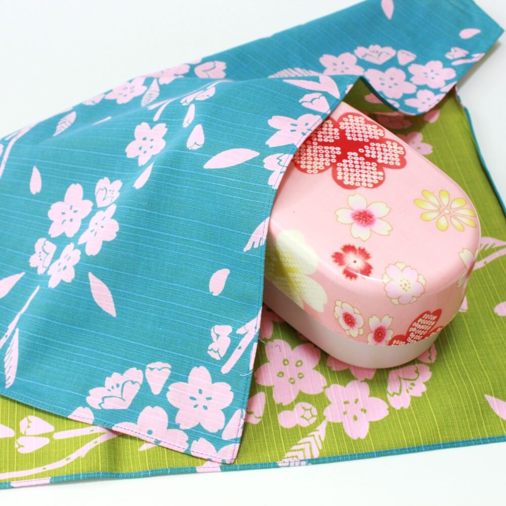 sakura baby blue green furoshiki covering pink bento box