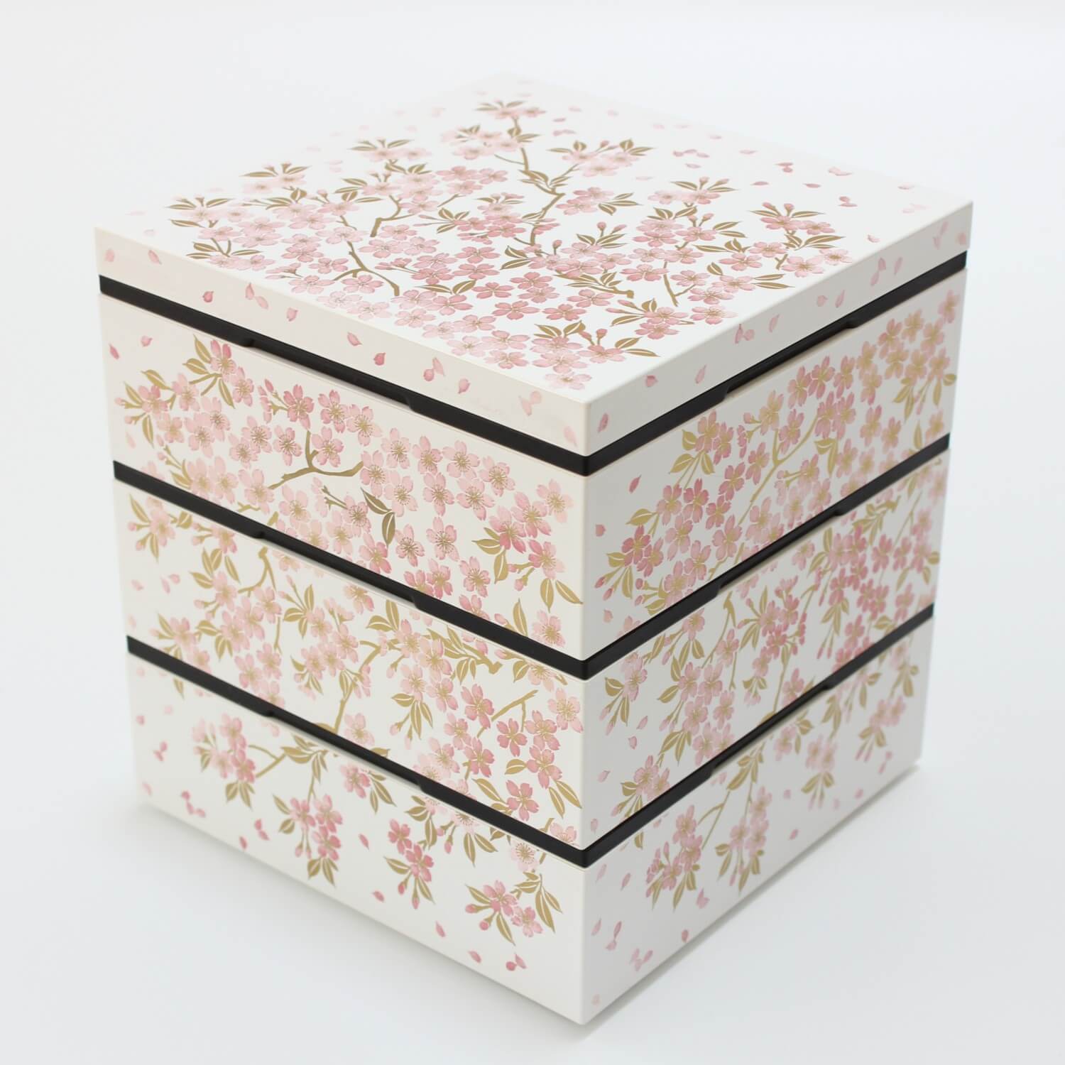 3 layered sakura white and pink jubako picnic bento box with pink sakura cherry blossom flower prints on all sides