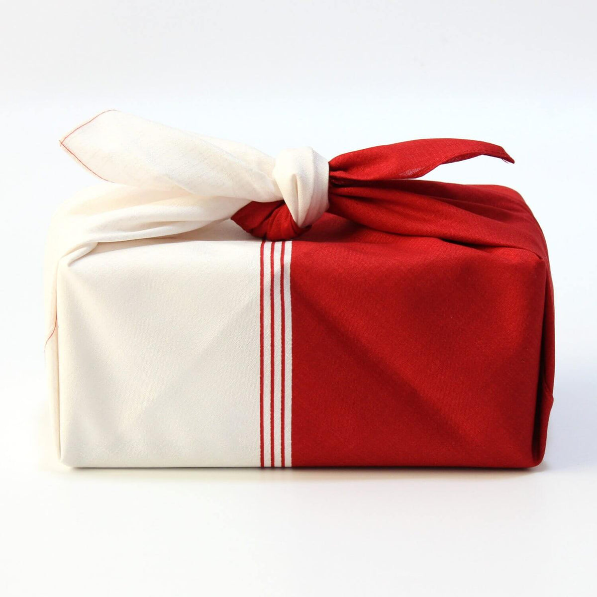 wrapped red and white furoshiki side profile